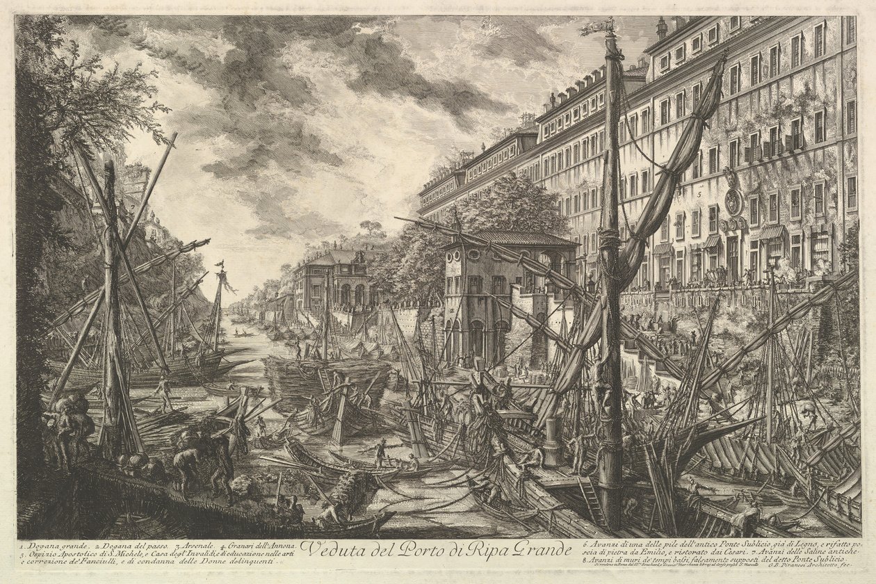 Utsikt over havnen i Ripa Grande, fra Vedute di Roma Roman Views, ca. 1753. av Giovanni Battista Piranesi
