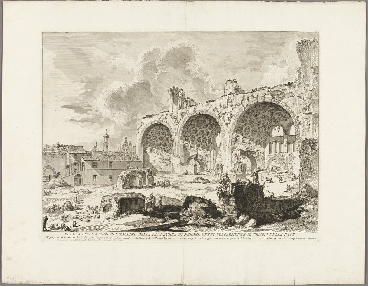 Utsikt over restene av spisestuen til Neros gyldne hus, vanligvis kalt Fredens tempel, fra utsikt over Roma av Giovanni Battista Piranesi