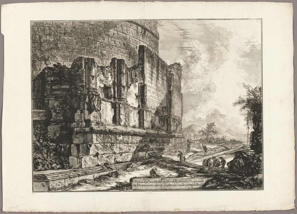 Utsikt over restene av Plautii-graven på Via Tiburtina, nær Ponte Lugano, to mil unna Tivoli, fra utsikt over Roma av Giovanni Battista Piranesi