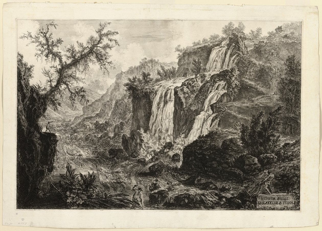 Utsikt over den lille fossen og strykene, Tivoli, fra utsikt over Roma av Giovanni Battista Piranesi