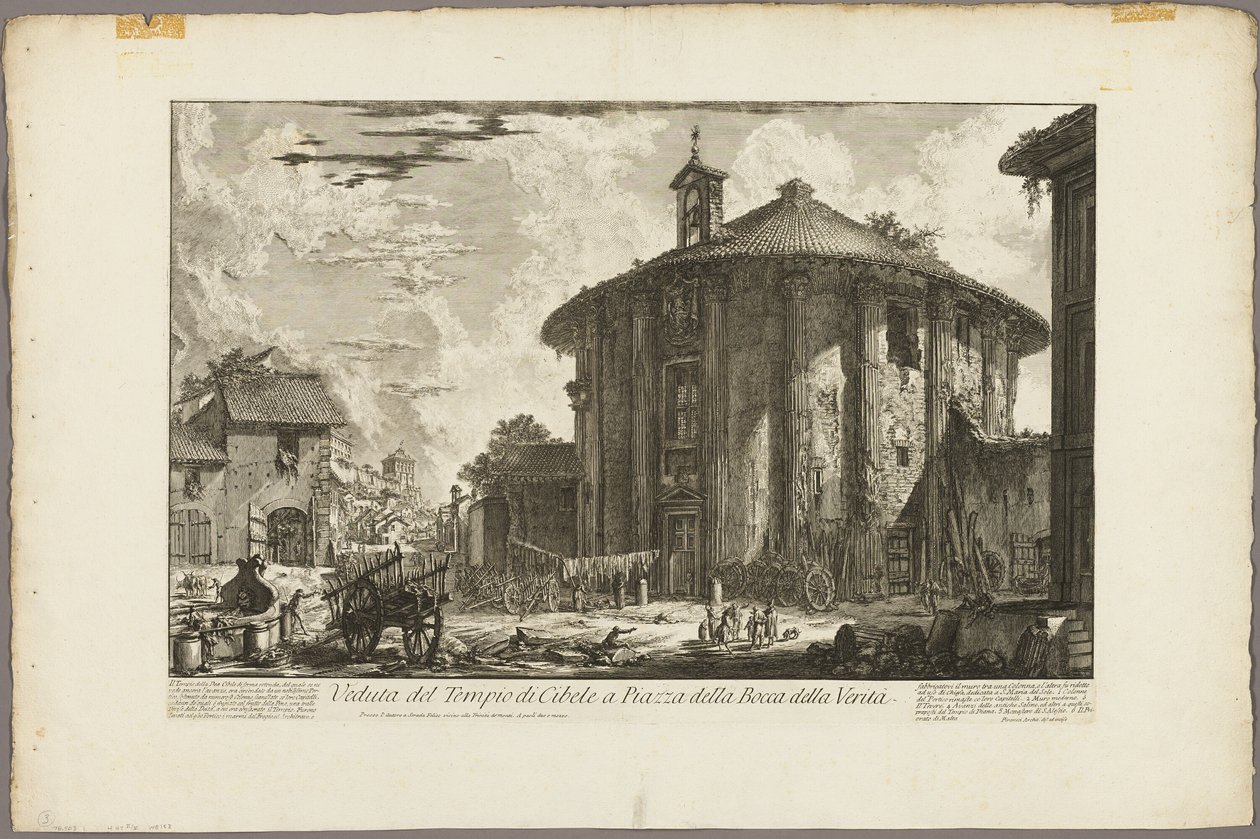 View of the Temple of Cybele in the Piazza of the Bocca della Verità, from Views of Rome   1286189   no       norwegian Successfully Translated  Original: The Baby proclaiming the innocence of the Mother, the Northern wall, School of the Saint, detail of 2 av Giovanni Battista Piranesi
