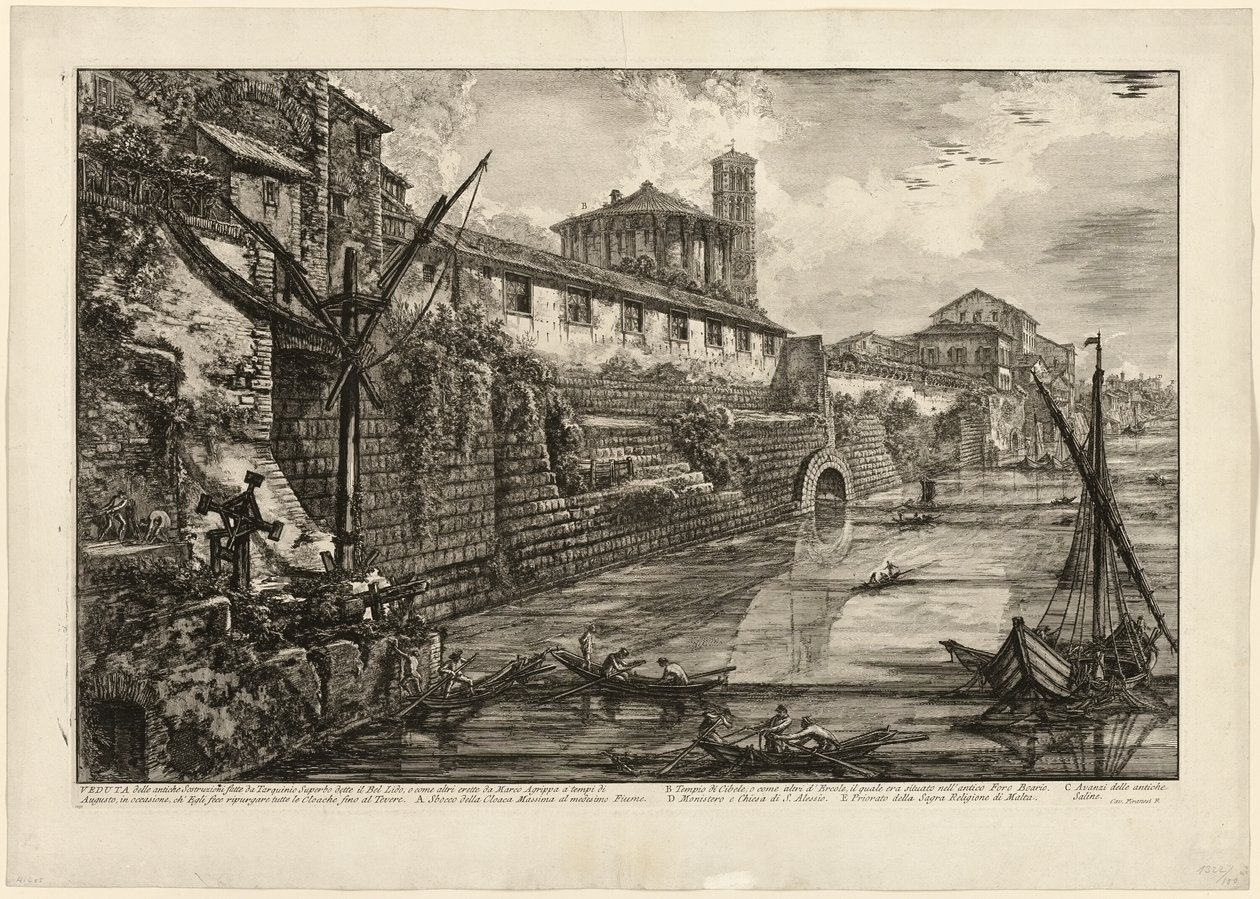 Utsikt over den eldgamle strukturen bygget av Tarquinius Superbus kalt Bel Lido, og som andre, bygget av Marcus Agrippa på Augustus tid da han renset alle kloakkene som fører til Tiberen, fra utsikt over Roma av Giovanni Battista Piranesi