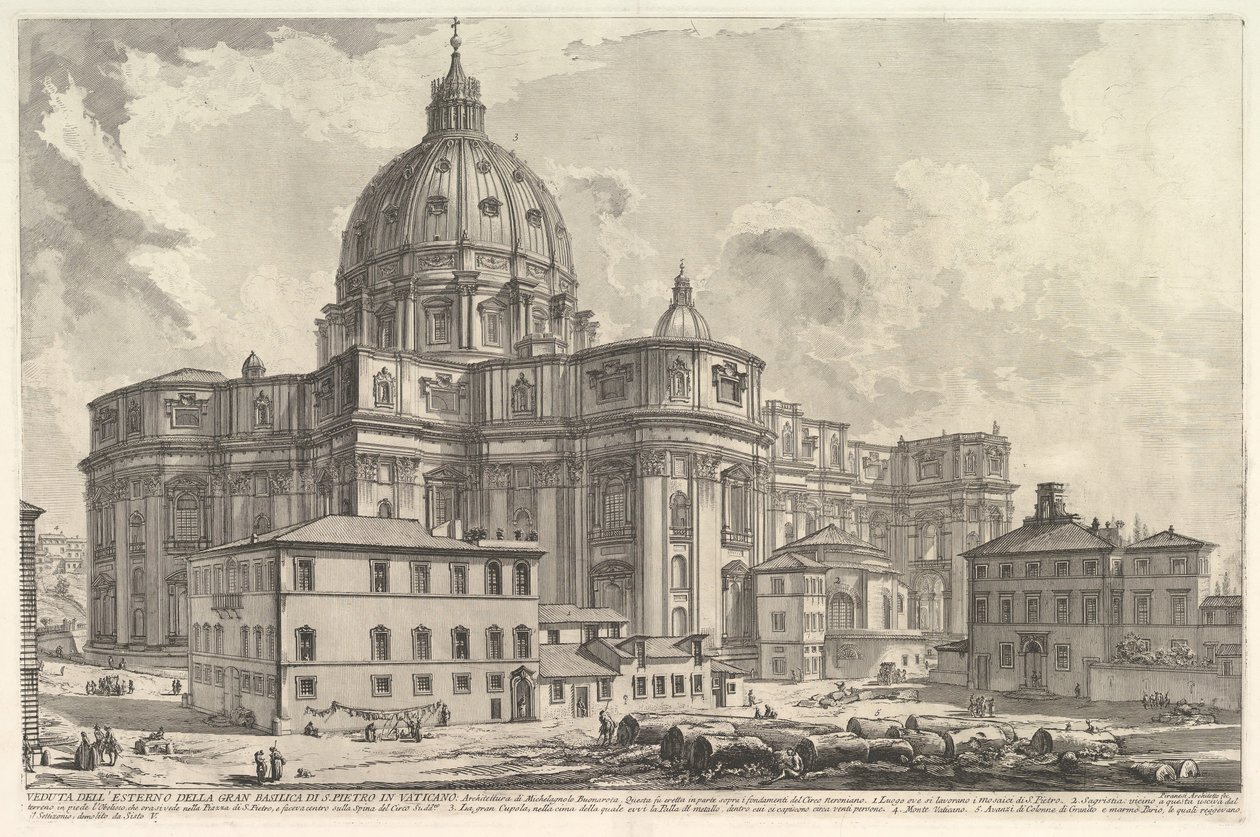 Utsikt over utsiden av Peterskirken i Vatikanet, fra Vedute di Roma Roma..., ca. 1748. av Giovanni Battista Piranesi