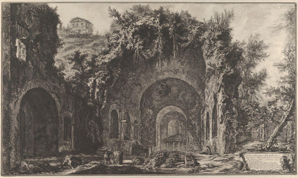 Utsikt over fontenehodet og Egiria-grotten utenfor Porta Capena, 1760-78. av Giovanni Battista Piranesi