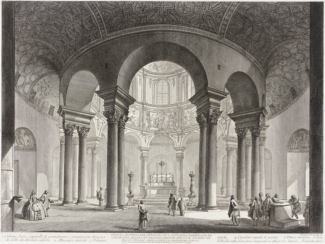 Utsikt over interiøret i Sankt Costanzas grav, oppført av Konstantin den store og feilaktig kalt Bacchus-tempelet, nå Sankt Costanzas kirke. av Giovanni Battista Piranesi