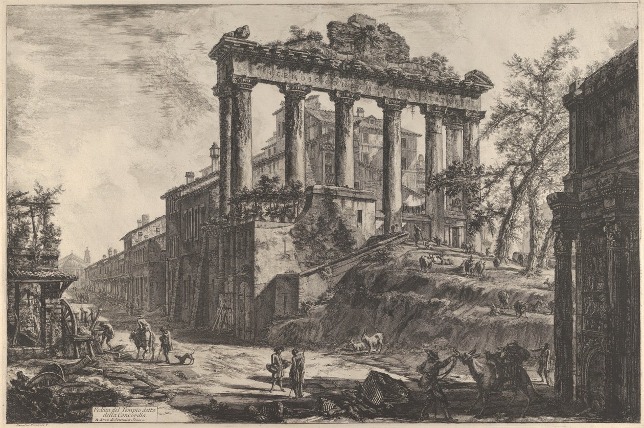 Utsikt over det såkalte Concordia-tempelet med Saturn-tempelet, til høyre Septimius Severus-buen av Giovanni Battista Piranesi