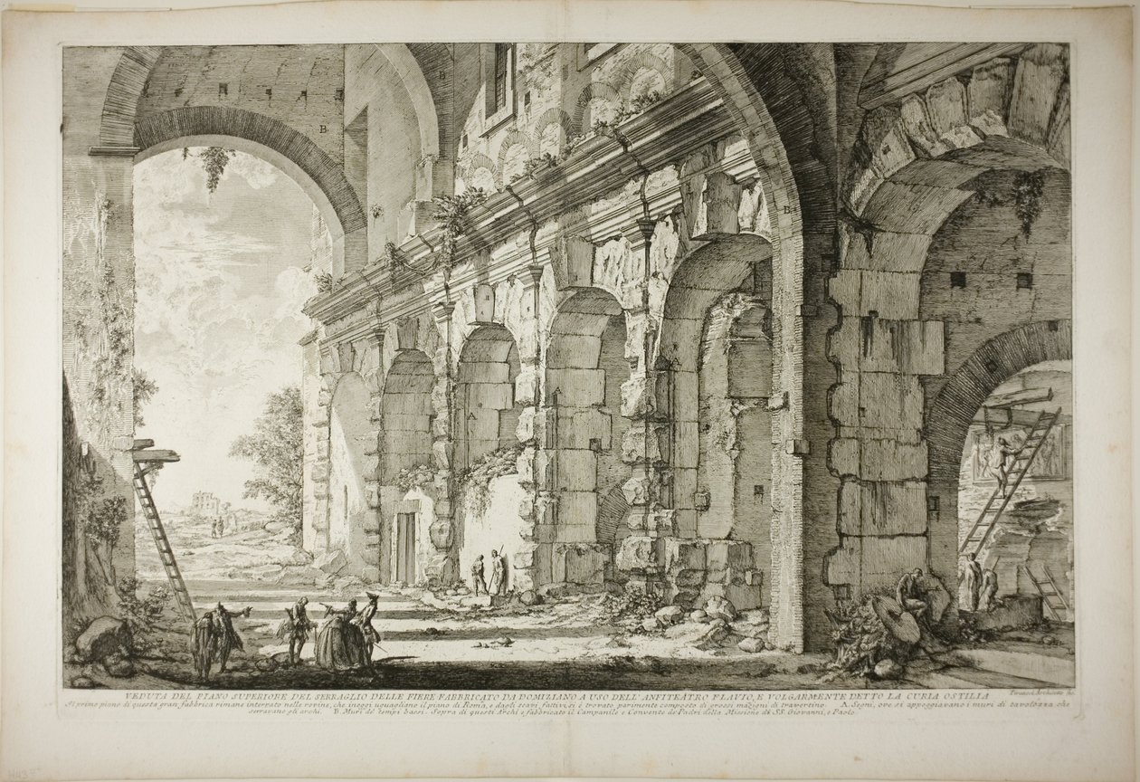 Utsikt over den øvre etasjen i Cages for Wild Animals bygget av keiser Domitian, assosiert med det flaviske amfiteateret og ofte kalt Curia Hostilia, fra utsikt over Roma av Giovanni Battista Piranesi