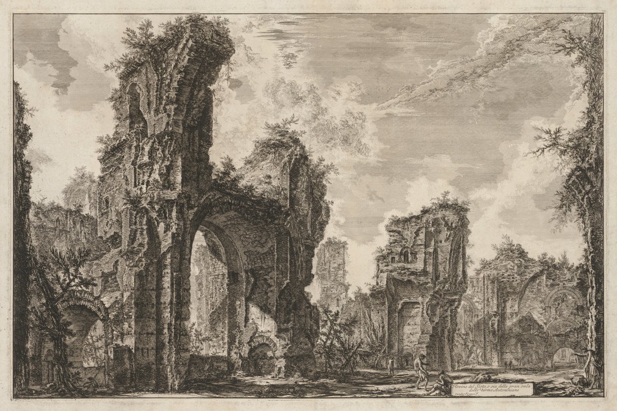 Utsikt over Roma: Ruinene av Sisto eller begge deler av den store salen til Antoninian Baths, 1765. av Giovanni Battista Piranesi