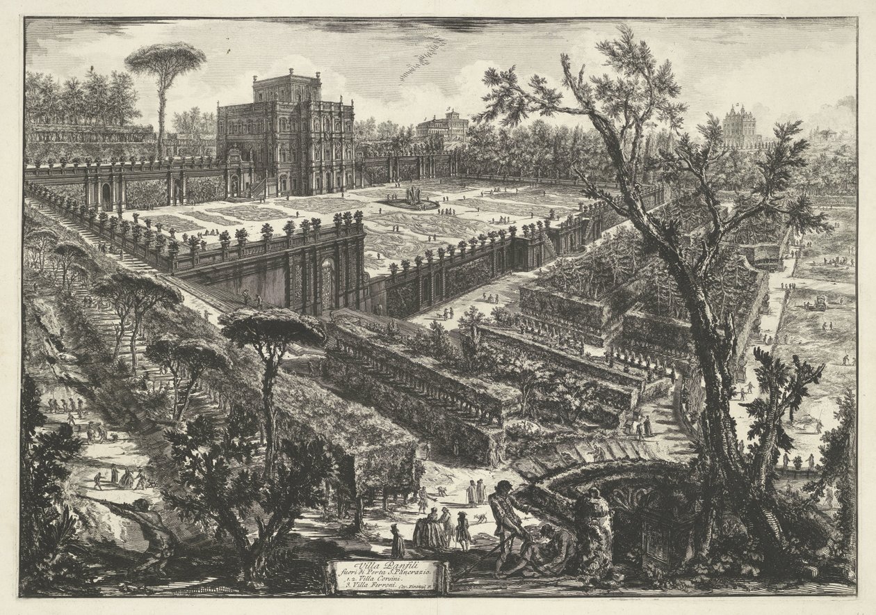 Villa Doria Pamphili te Roma Villa Panfili utenfor Porta S. Pancrazio (tittel på objekt) Gezichten op Roma (serietittel) Utsikt over Roma designet og gravert av Giambattista Piranesi-arkitekten Ve (nez) iano (serietittel) av Giovanni Battista Piranesi