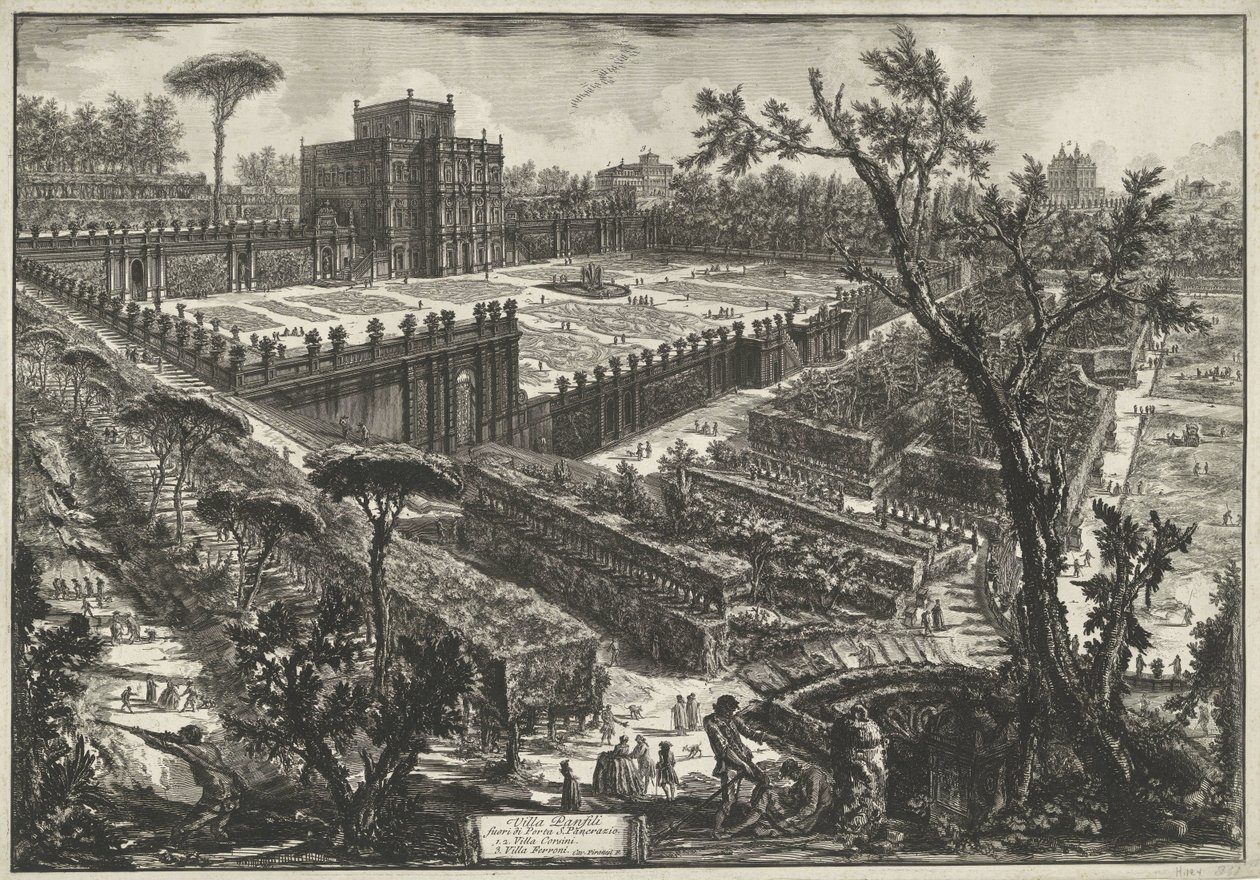 Villa Doria Pamphili te Roma Villa Panfili utenfor Porta S. Pancrazio (tittel på objekt) Gezichten op Roma (serietittel) Utsikt over Roma designet og gravert av Giambattista Piranesi-arkitekten Ve (nez) iano (serietittel) av Giovanni Battista Piranesi