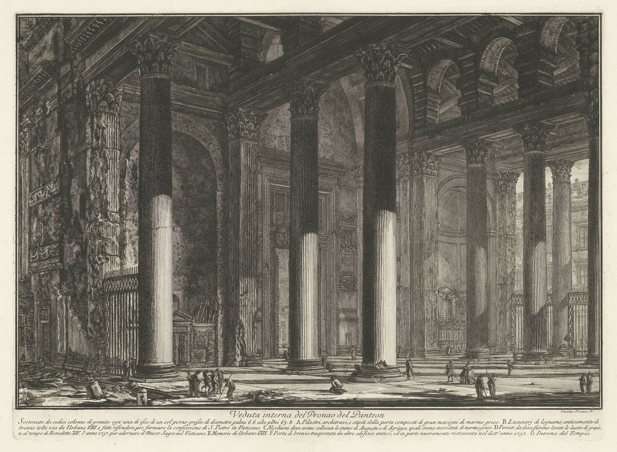 Voorportaal van het Pantheon te Roma Innvendig utsikt over Pantheons Pronaos (tittel på objekt) Gezichten op Roma (serietittel) Utsikt over Roma tegnet og gravert av Giambattista Piranesi-arkitekten Ve(nez)iano (serietittel) av Giovanni Battista Piranesi