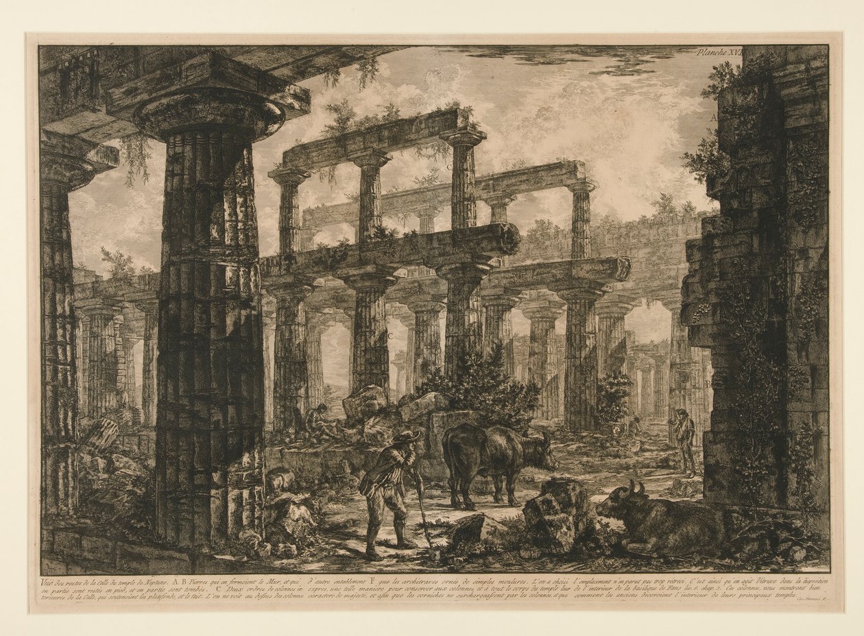 Sett? av restene av cellaen til Neptuntemplet (Utsikt over restene av cellaen til Neptuntemplet), fra forskjellige synspunkter av Giovanni Battista Piranesi