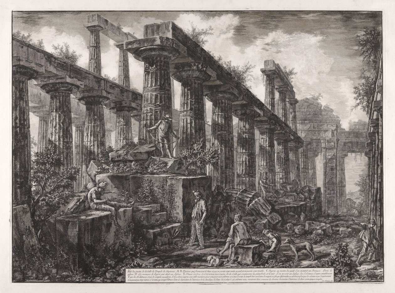 Utsikt over restene av cellaen i Neptuntempelet, fra Forskjellige utsikter over ... Pesto av Giovanni Battista Piranesi