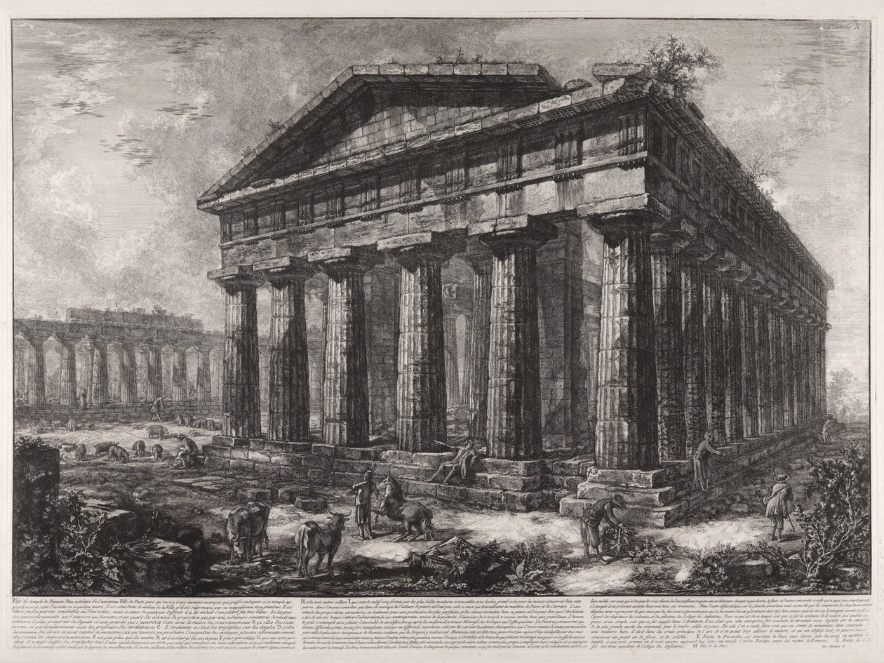 Utsikt over Neptuns tempel, skytsguden for den antikke byen Pesto, selv om det ikke kan sees noe tegn som kan vise om dette tempelet tilhørte denne guddommen eller en annen ... av Giovanni Battista Piranesi