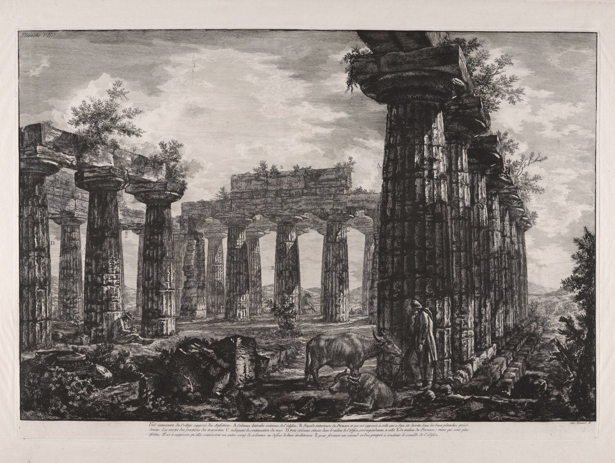 Interiørutsikt over det såkalte Anfictions-kollegiet, fra «Forskjellige utsikter over ... Pesto» (Forskjellige utsikter over ... Paestum) av Giovanni Battista Piranesi