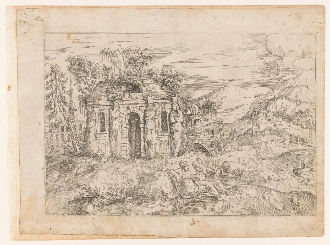 Landskap med antikt tempel med karyatider av Giovanni Battista Pittoni (I) (attributed to)