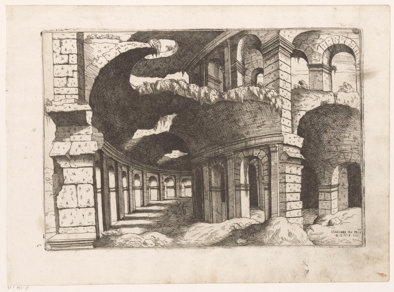 Utsikt i Colosseum i Roma Colossians ro pros.us (tittel på objekt) Romerske ruiner (serietittel) Noen viktige monumenter fra den romerske antikken (...) (serietittel) av Giovanni Battista Pittoni (I)