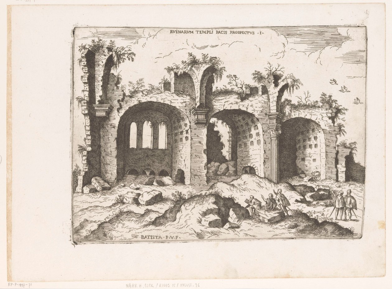 Utsikt over Basilica van Maxentius i Roma Utsikt over ruinene av Fredstempelet (tittel på objekt) Romerske ruiner (serietittel) Noen viktige monumenter fra den romerske antikken (...) (serietittel) av Giovanni Battista Pittoni (I)
