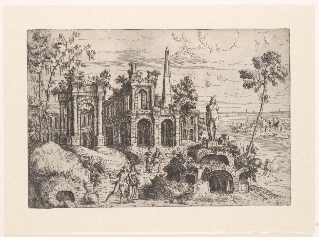 Landskap med gamle ruiner, skulptur og obelisk Landskap med ruiner (serietittel) av Giovanni Battista Pittoni (I)