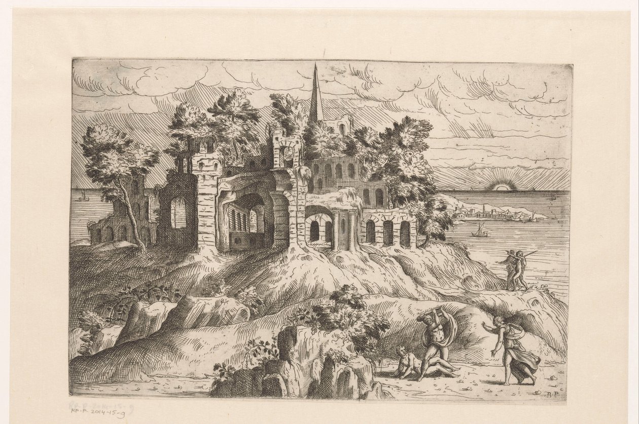 Landskap med ruiner på vannet og en sol opp eller ned Landskap med ruiner og fantasiarkitektur og figurer i antikk og eksotisk kjole (serietittel) av Giovanni Battista Pittoni (I)