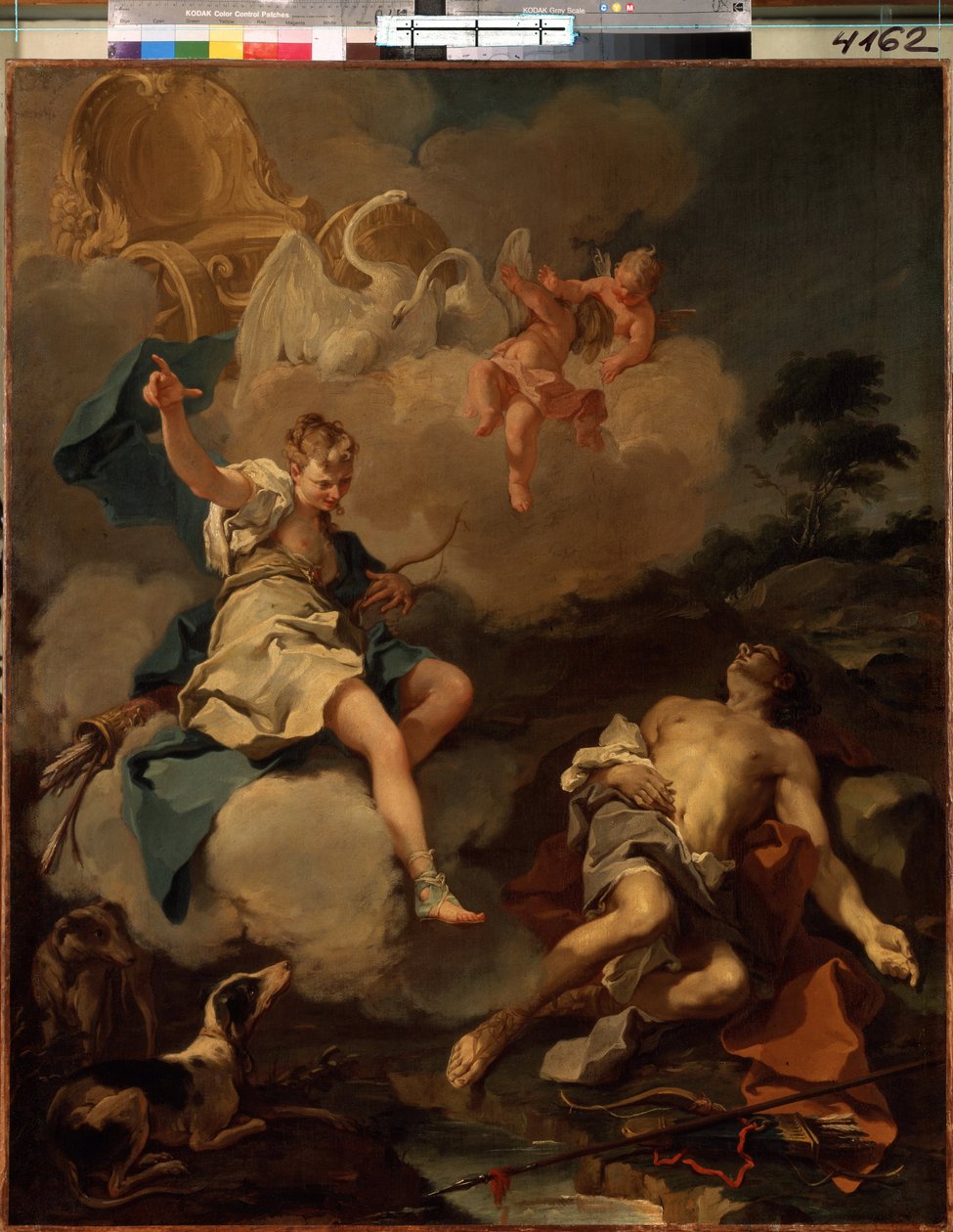 Diana og Endymion (Diana og Endymion). I gresk mytologi besøker Diana (Artemis) Endymion om natten og faller i en evig søvn bare for å tenke på hennes skjønnhet. Maleri av Giambattista (Giovan Battista) (Giovanni Battista) Pitton av Giovanni Battista Pittoni