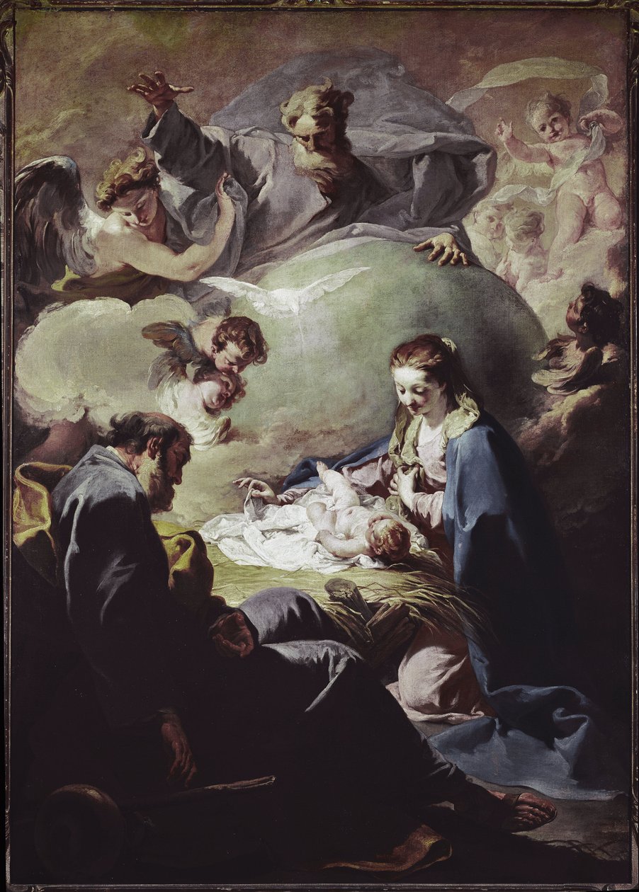 Fødsel med Den Allmektige og Den Hellige Ånd. (olje på lerret, ca 1740) av Giovanni Battista Pittoni