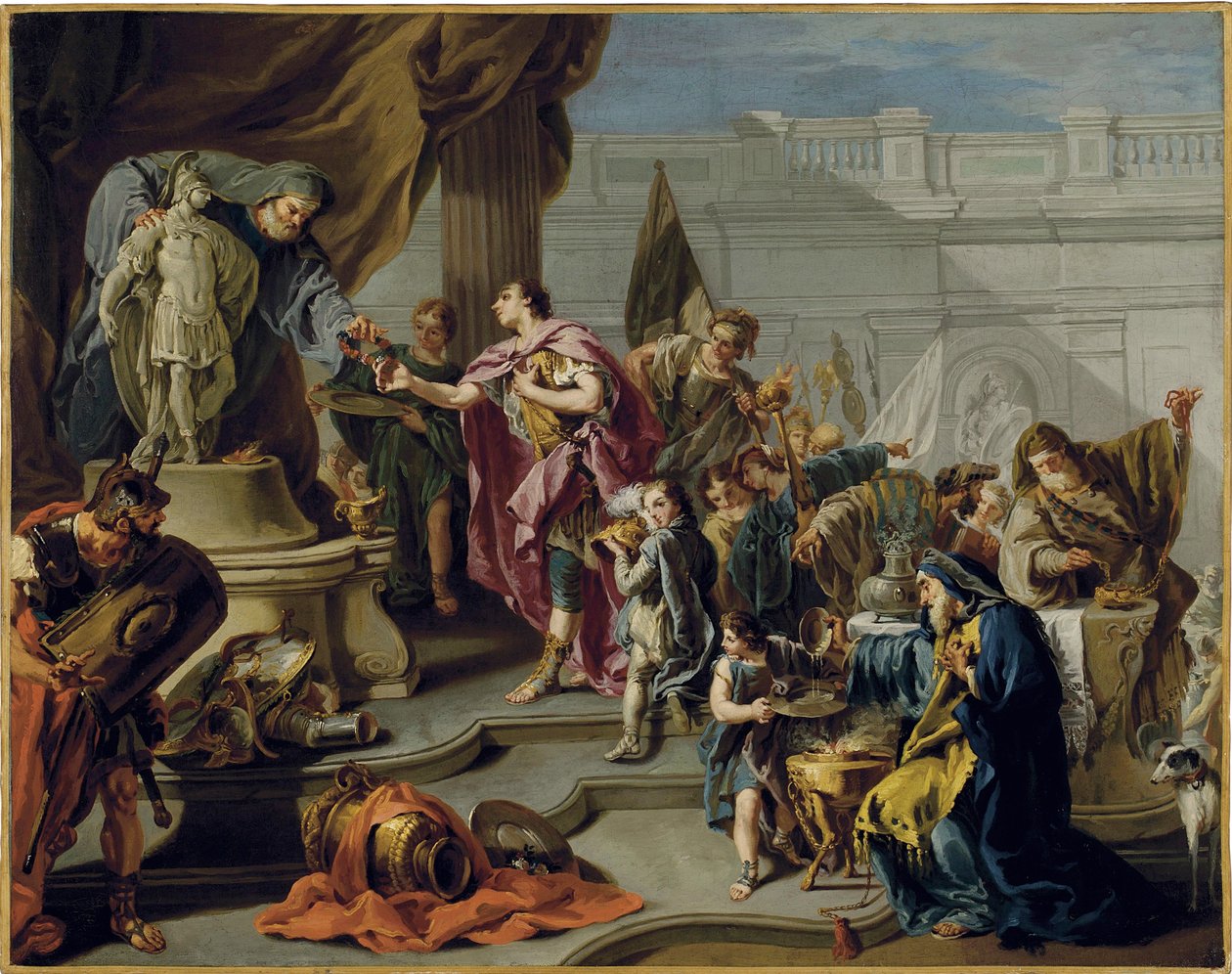 Afrikaneren Scipion (Publius Cornelius Scipio Africanus) (235-183 f.Kr.) hyller guden Mars (Scipio hyller Mars) - Maleri av Giovan Battista Pittoni (1687-1767), olje på lerret (71,7x91,1 cm) - Privat samling av Giovanni Battista Pittoni