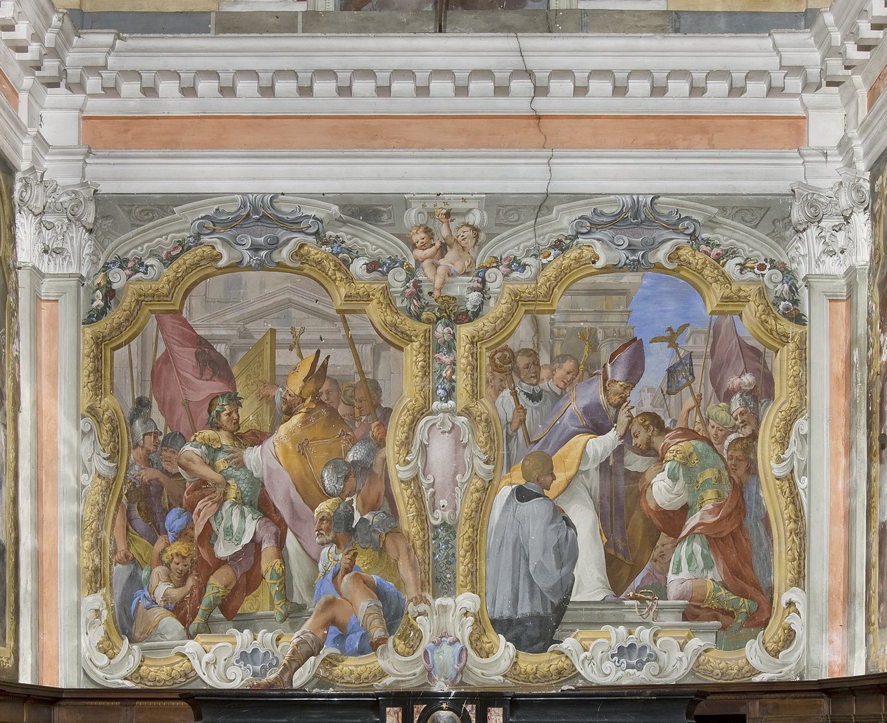 Den hellige Ambrosius forviser keiseren Theodosius fra tempelet og Theodosius anger og velsignelse av Giovanni Battista Pozzo
