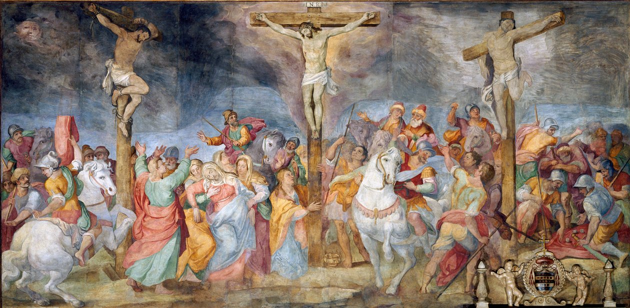 Crucifixion Inri (I.N.R.I.) inskripsjonen på korset. På sidene, representasjon av den gode tyven (også kalt Saint Dismas (eller Dysmas, Dimas, Dumas) og den onde tyven (Gesmas eller Gestas), to tyver korsfestet med Jesus Kristus. Fresco av Giovanni B av Giovanni Battista Ricci