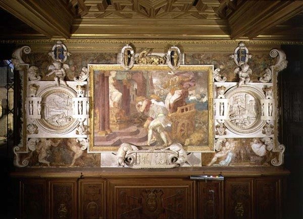 Cleobis og Biton, detalj av dekorativt opplegg i Gallery of Francis I av Giovanni Battista Rosso Fiorentino
