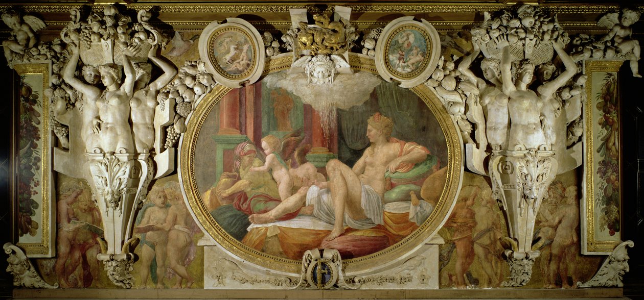 Danae, detalj av dekorativt oppsett i Gallery of Francis I, 1530-40 fresco av Giovanni Battista Rosso Fiorentino