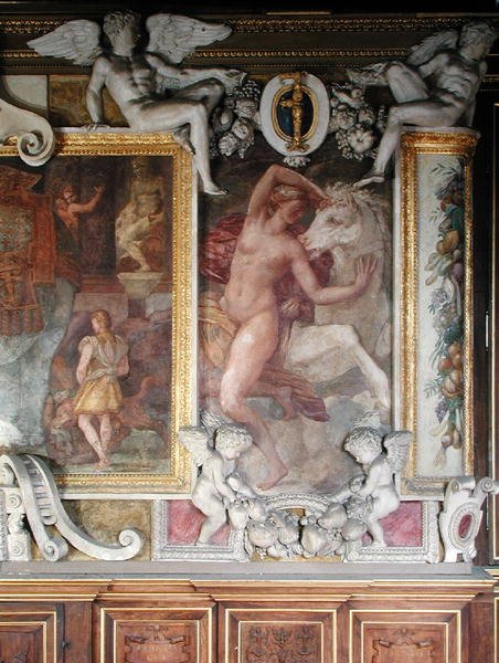 Kvinnefigur med hest, fra Galleriet til Frans I, 1530-40 av Giovanni Battista Rosso Fiorentino