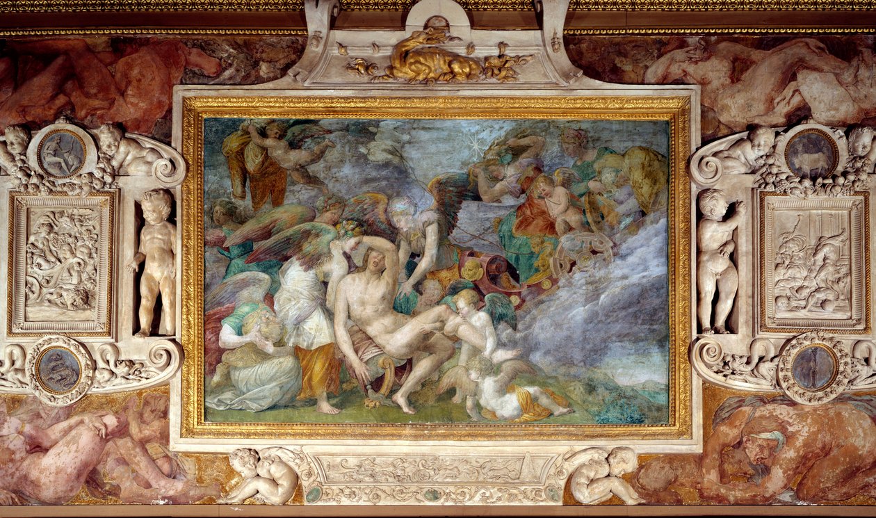 Freskomaleri av den femte sørtraveeen til Galerie Francois I ved slottet Fontainebleau som viser Adonis død. Maleri av Giovanni Battista di Jacopo Rosso (1494-1541) av Giovanni Battista Rosso Fiorentino