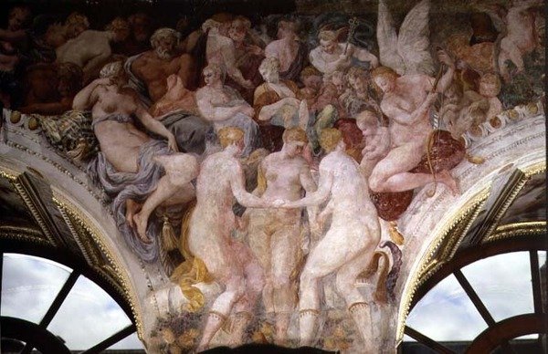 Goddesses Dancing, detalj av dekorativt opplegg i Gallery of Francis I av Giovanni Battista Rosso Fiorentino