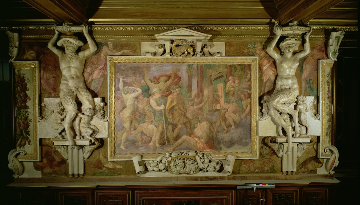 Jakt ut uvitenhet, detalj av dekorativt oppsett i Galleriet til Frans I, 1530-40 freskomaleri og stukkatur av Giovanni Battista Rosso Fiorentino
