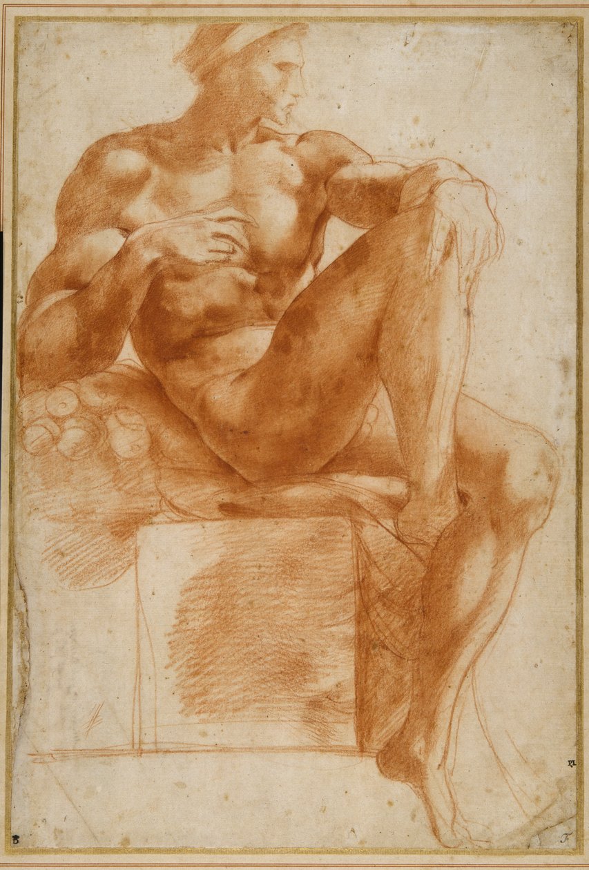 Ignudo på det sixtinske hvelv (rødt kritt på krempapir) av Giovanni Battista Rosso Fiorentino