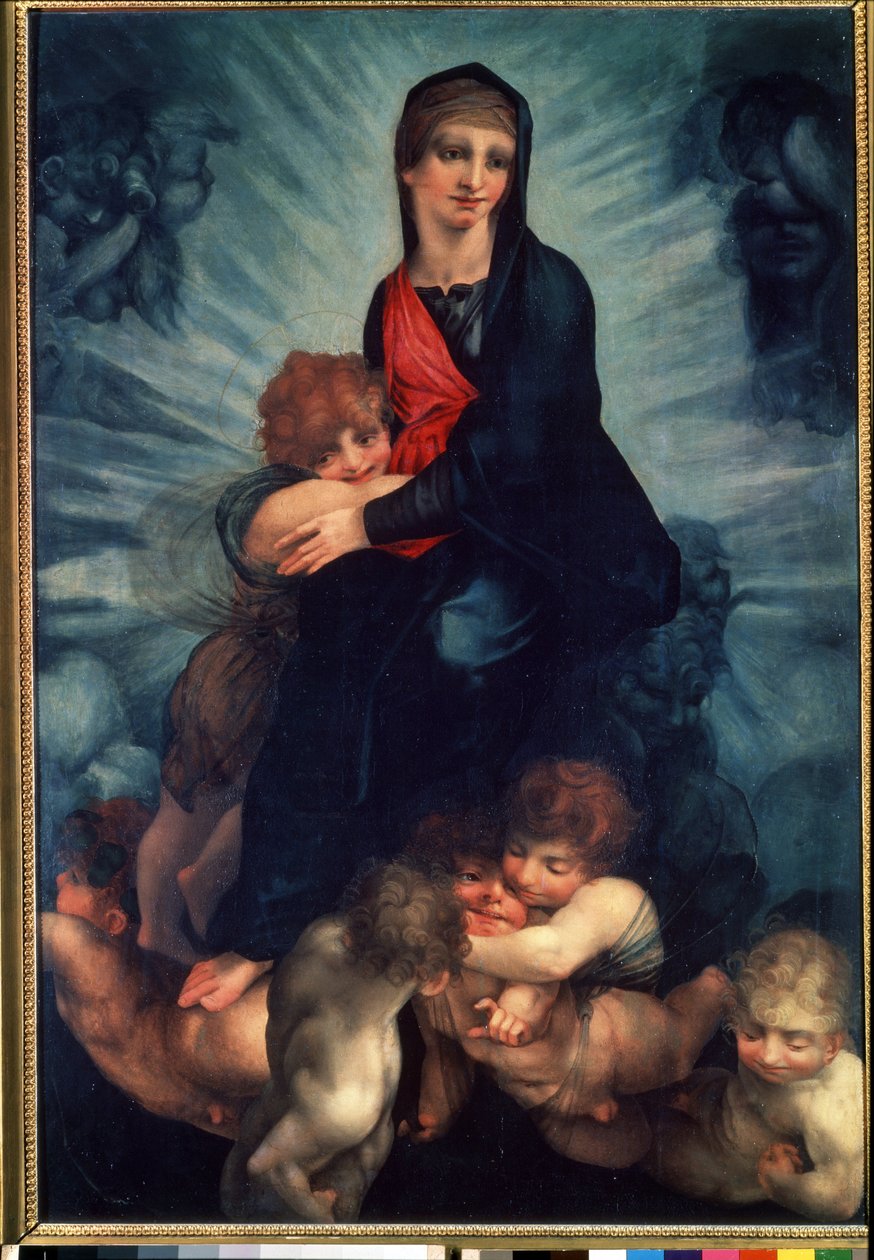Jomfruen og barnet med engler (Jomfruen og barnet med engler). Maleri av Fiorentino Rosso (1495-1540). Olje på lerret av Giovanni Battista Rosso Fiorentino