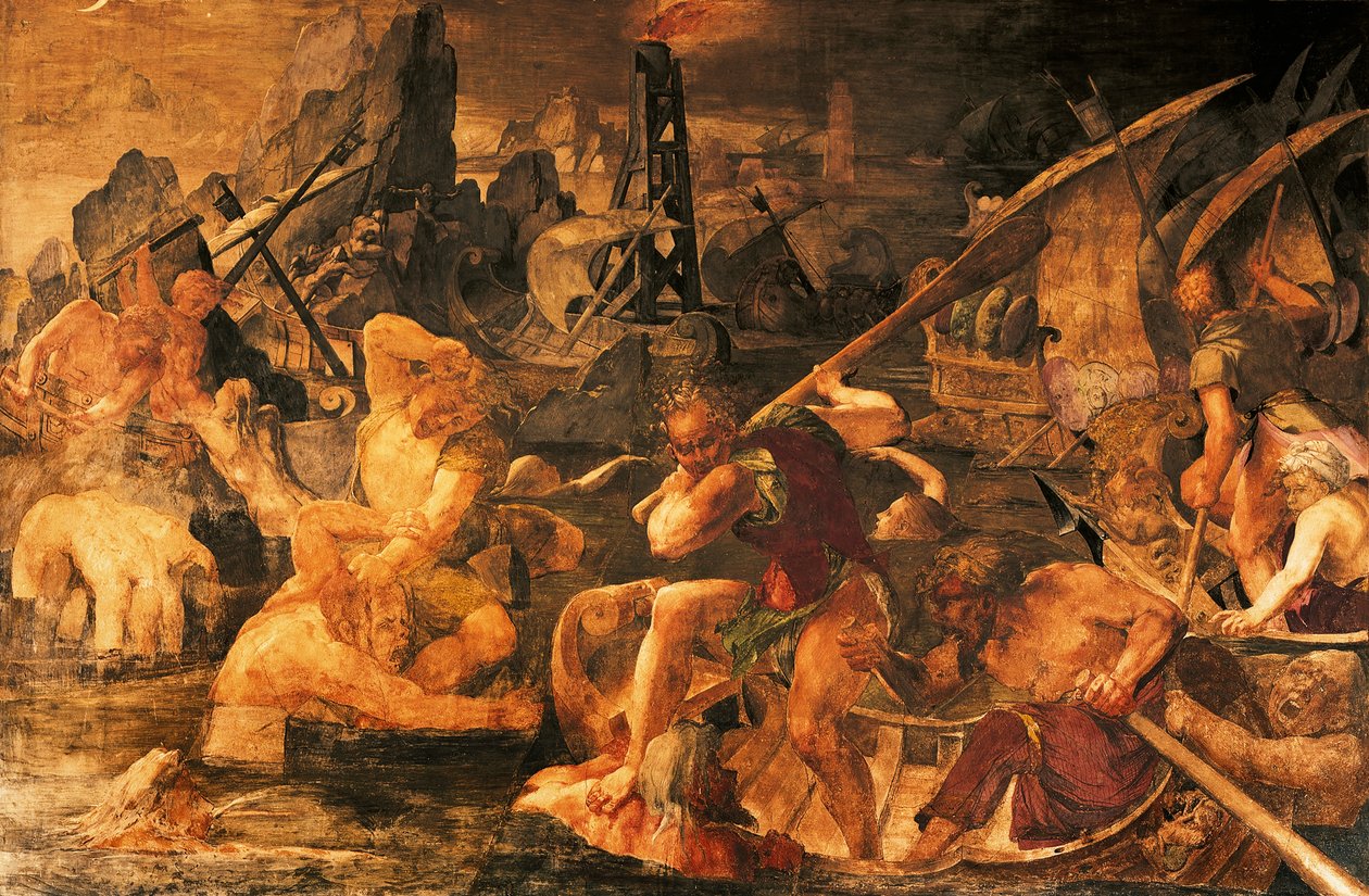 Sjøkamp, freskomaleri Galleri of Francis I, Chateau de Fontainebleau (et verdensarvsted av UNESCO av Giovanni Battista Rosso Fiorentino