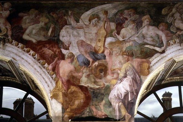 Parnassus, detalj av dekorativt opplegg i Gallery of Francis I av Giovanni Battista Rosso Fiorentino