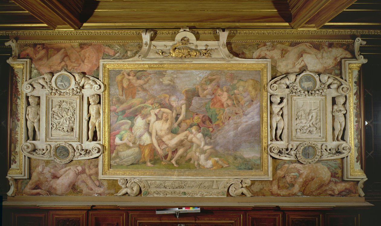 The Death of Adonis, detalj av det dekorative oppsettet i Gallery of Francis I, 1530-40 freskomaleri og stukkatur av Giovanni Battista Rosso Fiorentino