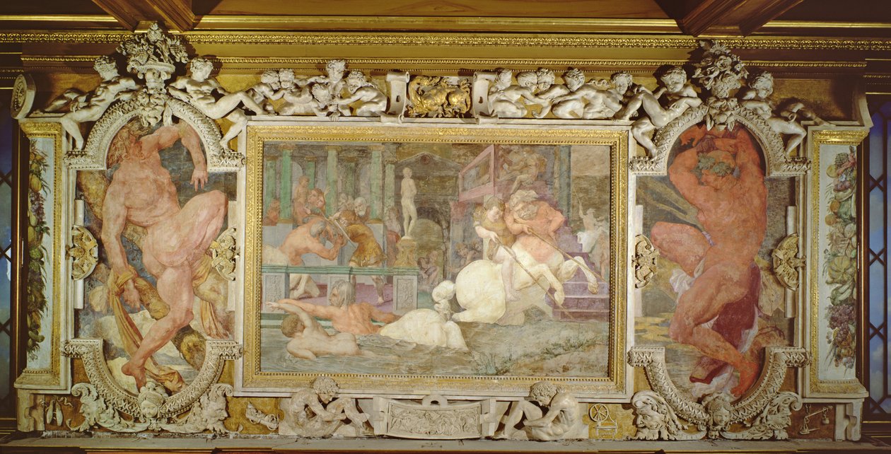 The Education of Achilles, detalj av det dekorative opplegget i Galleriet til Frans I, 1530-40 freskomaleri og stukkatur, se også 210355 av Giovanni Battista Rosso Fiorentino