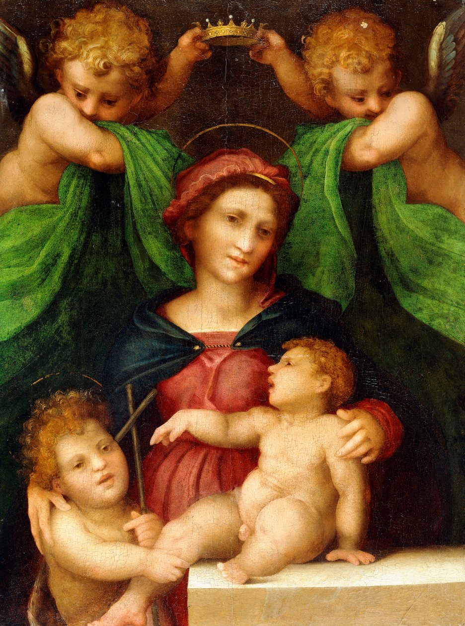 Madonnaen og barnet med spedbarnet Døperen Johannes og to engler, ca. 1512 av Giovanni Battista Rosso Fiorentino