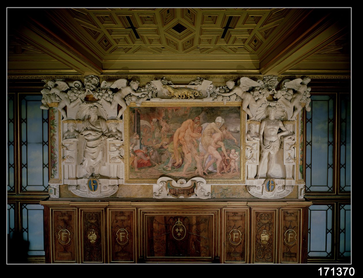 Plyndringen av Troja eller Catania, detalj av det dekorative oppsettet i Galleriet til Frans I (1494-1547) 1535-40 (freskomaleri og stukkatur) av Giovanni Battista Rosso Fiorentino