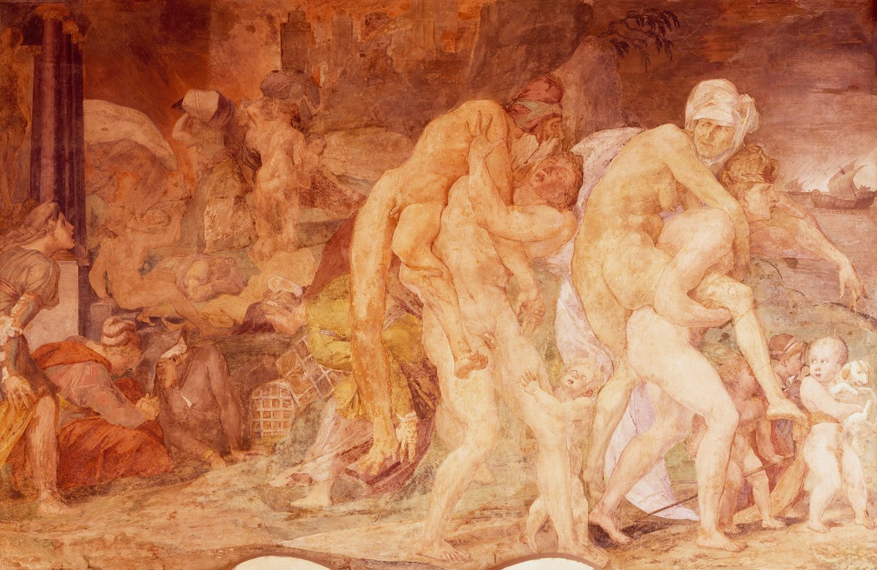 Tvillingene til Catania, Anfinomo og Anapio, freskomaleri i Francis I sitt galleri i Chateau de Fontainebleau, Frankrike (et verdensarvsted av UNESCO av Giovanni Battista Rosso Fiorentino