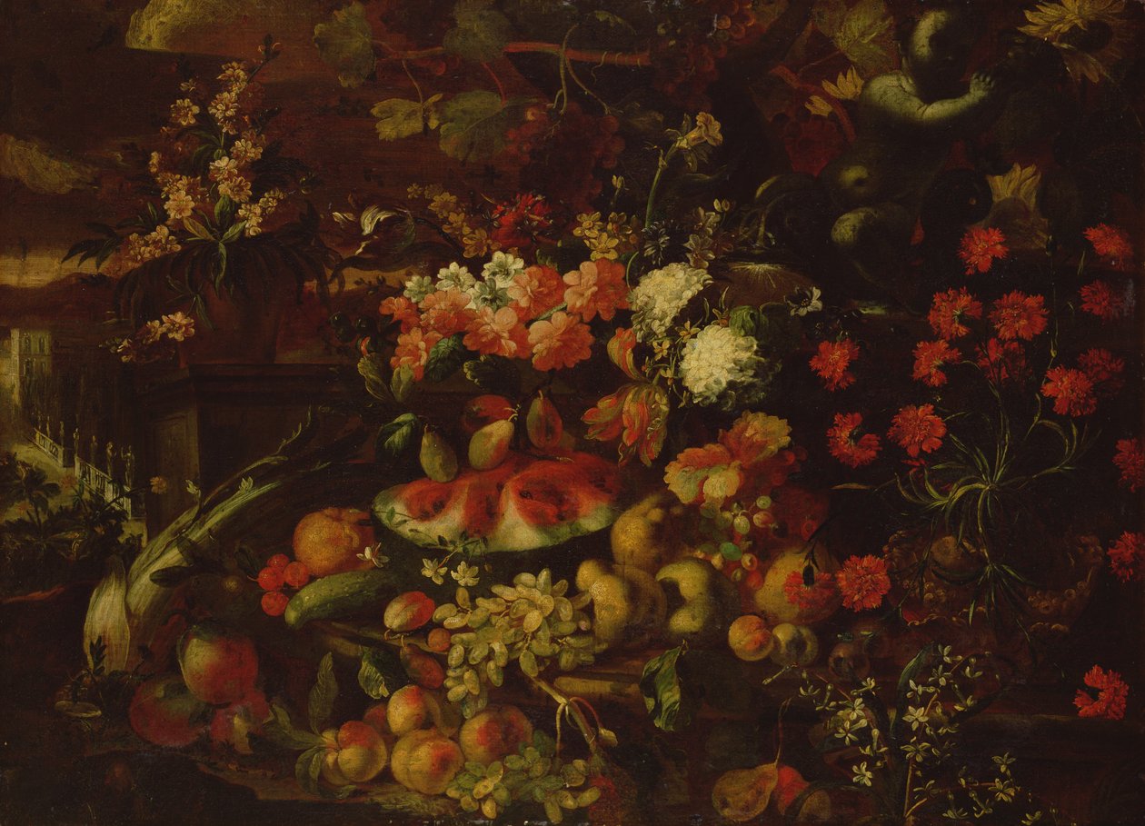 Stilleben med frukt, grønnsaker og blomster av Giovanni Battista Ruoppolo or Ruopolo