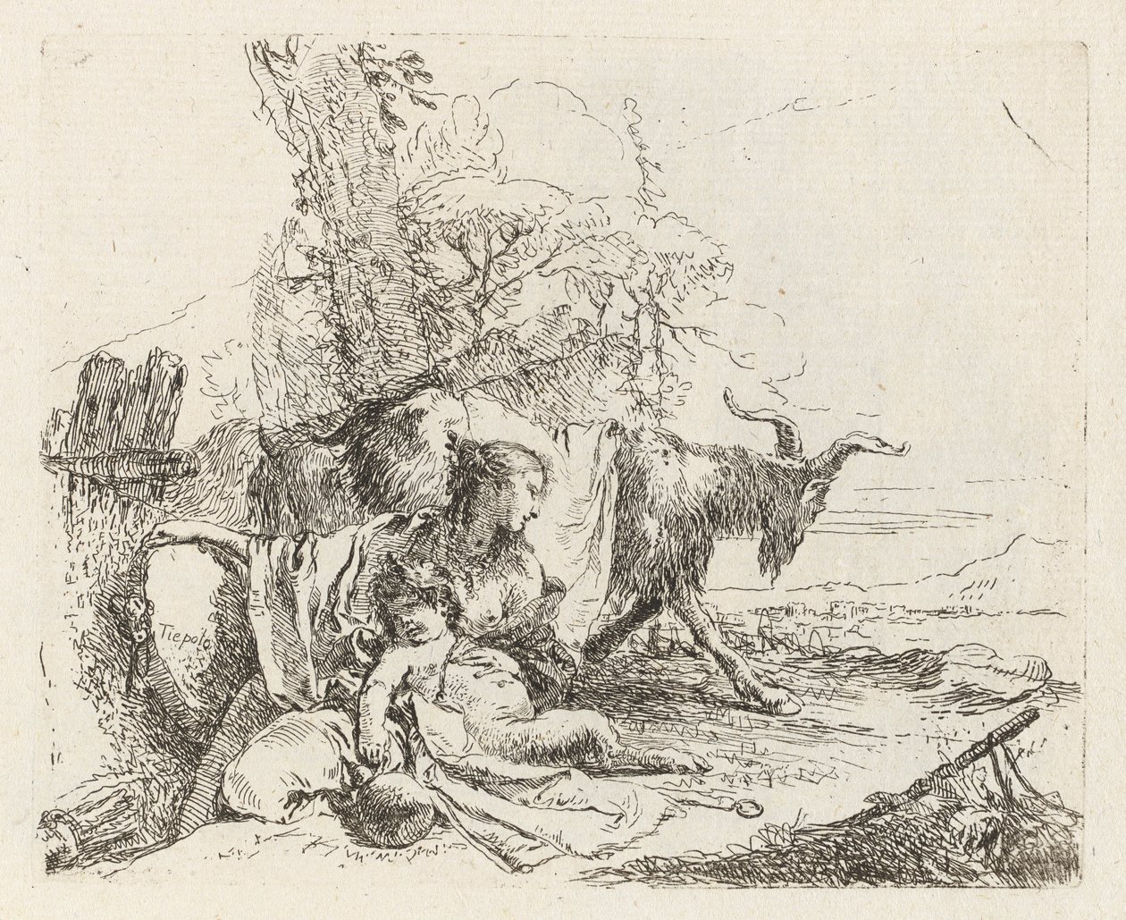 En nymfe med en liten satyr og to geiter, fra Vari capricci (Various Capriccios) av Giovanni Battista Tiepolo
