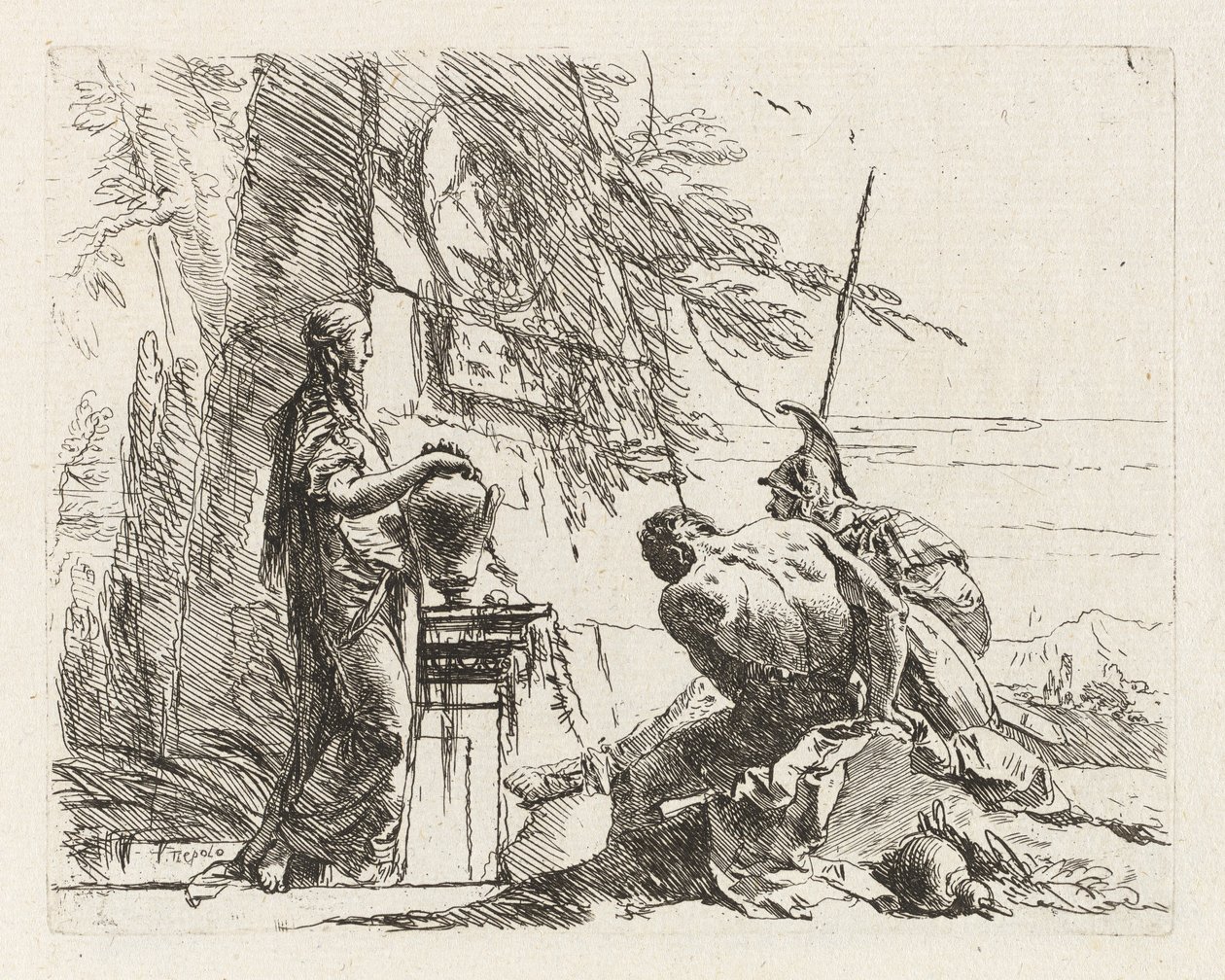 En kvinne med hendene på en vase, en soldat og en slave, fra Vari capricci (Various Capriccios) av Giovanni Battista Tiepolo