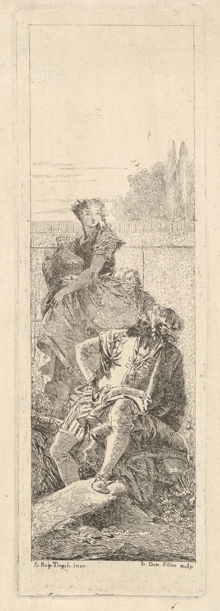 En skjeggete, sittende mann ser over høyre skulder mot et barn og en kvinne som bærer..., ca. 1750-55. av Giovanni Battista Tiepolo