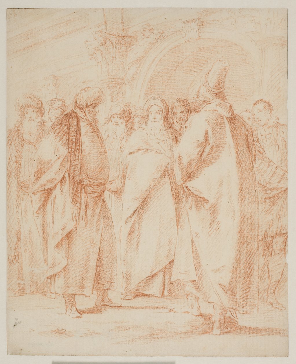 En gruppe menn samlet seg foran en port av Giovanni Battista Tiepolo