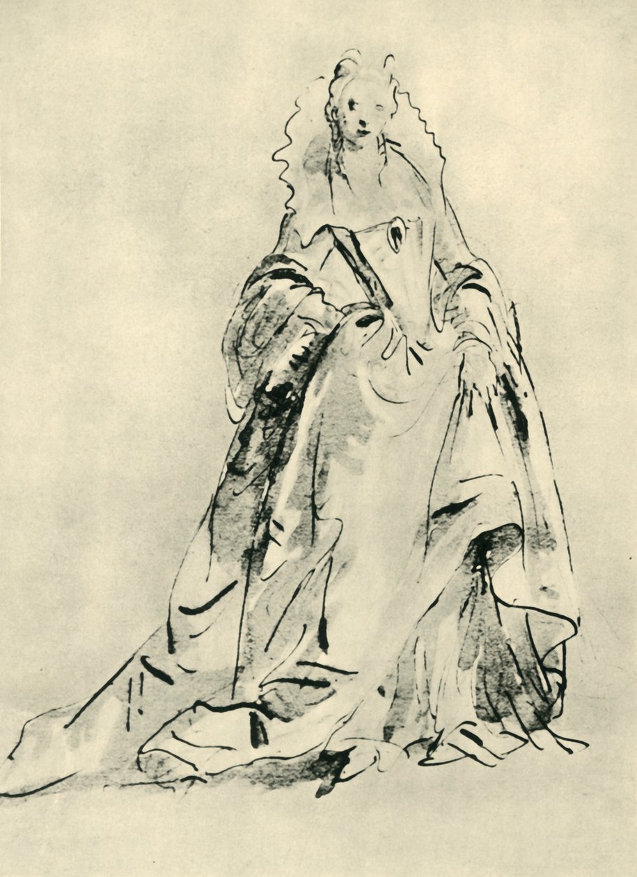 En dame iført en kjole med høy krage og spiss bodice, tidlig på 1700-tallet, 1943. av Giovanni Battista Tiepolo